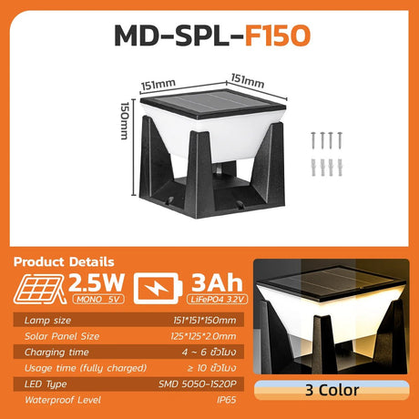 Solar Pillar Post Light - Multi-Color IP65 Waterproof Pathway Lamp - Hans Lumiere
