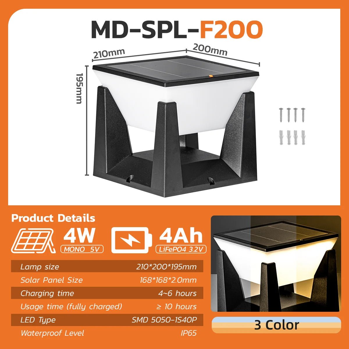 Solar Pillar Post Light - Multi-Color IP65 Waterproof Pathway Lamp - Hans Lumiere