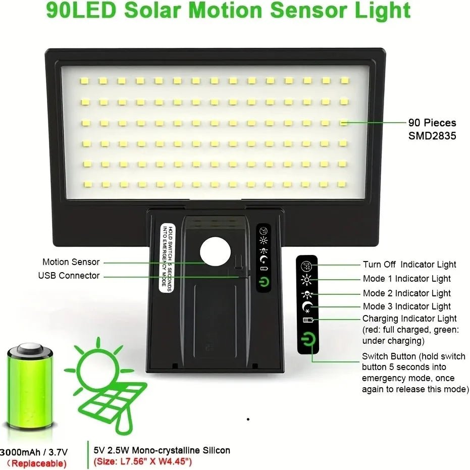 Solar Security Flood Light – 90 LED Motion Sensor Outdoor Wall Light - Hans Lumiere