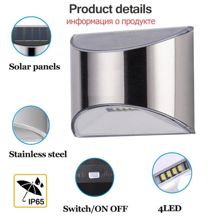 Stainless Steel Solar Wall Lights 2-Pack IP65 Waterproof Fence and Courtyard Light - Hans Lumiere