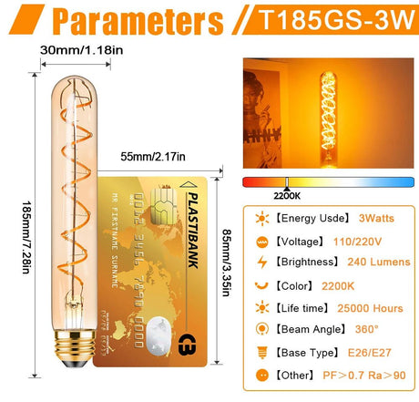 T185 Spiral Filament Edison Tube LED Bulb E26 E27 3W 2200K Amber, Dimmable - Hans Lumiere