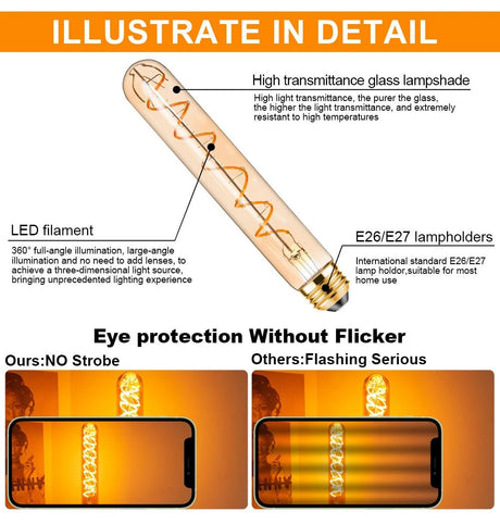 T185 Spiral Filament Edison Tube LED Bulb E26 E27 3W 2200K Amber, Dimmable - Hans Lumiere