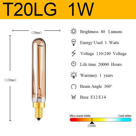 T20 Mini Tube Edison LED Filament Bulbs E14 1W 2W Dimmable, 4 Pack - Hans Lumiere