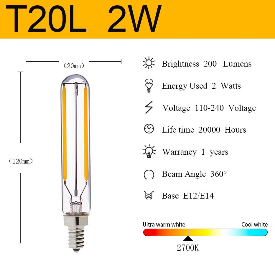 T20 Mini Tube Edison LED Filament Bulbs E14 1W 2W Dimmable, 4 Pack - Hans Lumiere