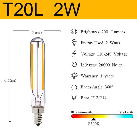 T20 Mini Tube Edison LED Filament Bulbs E14 1W 2W Dimmable, 4 Pack - Hans Lumiere