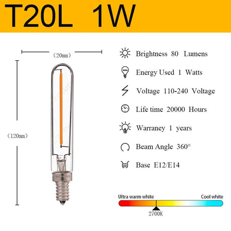 T20 Mini Tube Edison LED Filament Bulbs E14 1W 2W Dimmable, 4 Pack - Hans Lumiere