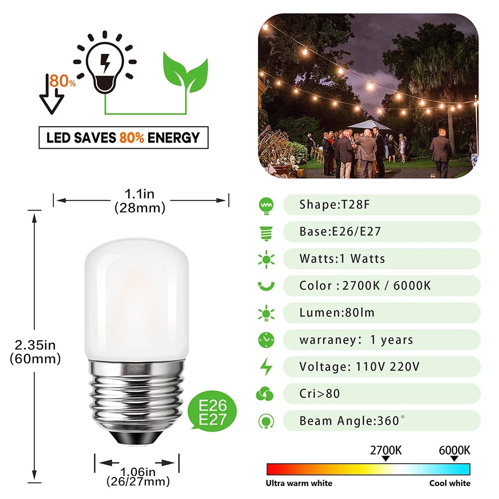 T28 Frosted Mini Tube LED Bulb 1W 2700K Dimmable E27, 6 10 or 15 Pack - Hans Lumiere