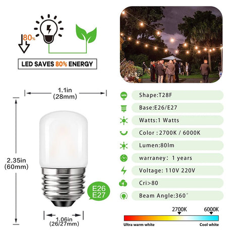 T28 Frosted Mini Tube LED Bulb 1W 2700K Dimmable E27, 6 10 or 15 Pack - Hans Lumiere