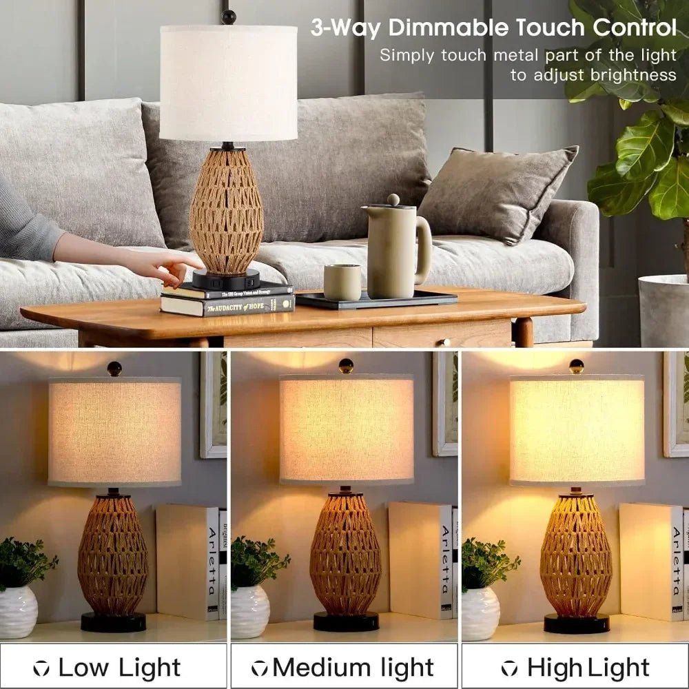 Touch Control Rattan Table Lamp With 2 USB Ports and AC Outlet - Hans Lumiere