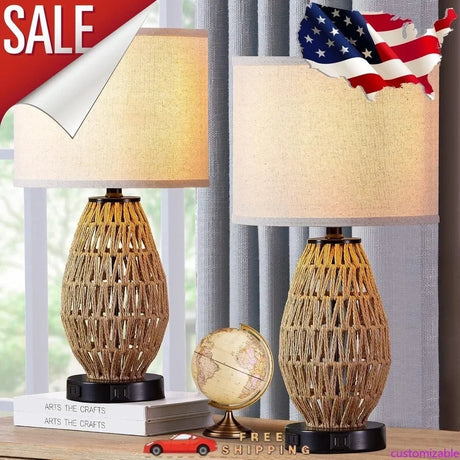 Touch Control Rattan Table Lamp With 2 USB Ports and AC Outlet - Hans Lumiere