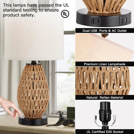 Touch Control Rattan Table Lamp With 2 USB Ports and AC Outlet - Hans Lumiere