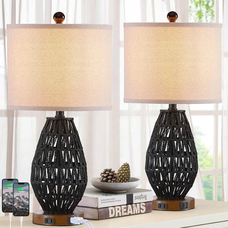 Touch Control Rattan Table Lamp With 2 USB Ports and AC Outlet - Hans Lumiere