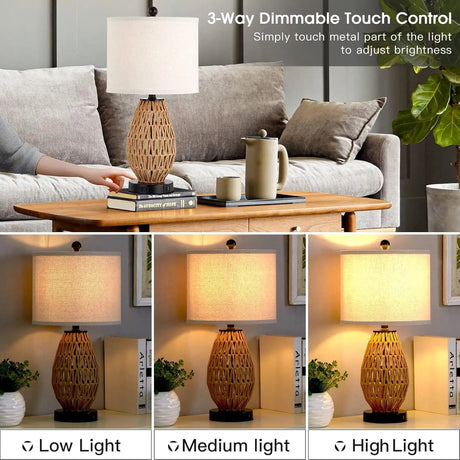 Touch Control Rattan Table Lamp With 2 USB Ports and AC Outlet - Hans Lumiere