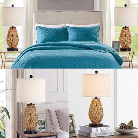 Touch Control Rattan Table Lamp With 2 USB Ports and AC Outlet - Hans Lumiere