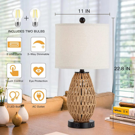 Touch Control Rattan Table Lamp With 2 USB Ports and AC Outlet - Hans Lumiere