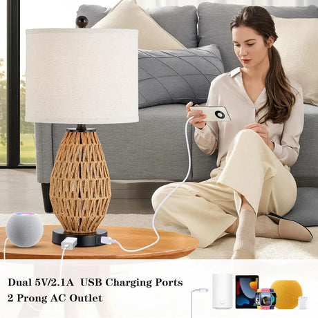 Touch Control Rattan Table Lamp With 2 USB Ports and AC Outlet - Hans Lumiere