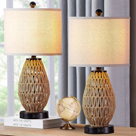 Touch Control Rattan Table Lamp With 2 USB Ports and AC Outlet - Hans Lumiere