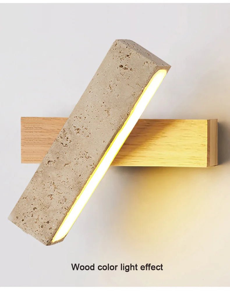 Wabi-Sabi Cave Stone Wall Sconce with Solid Wood Base - Hans Lumiere