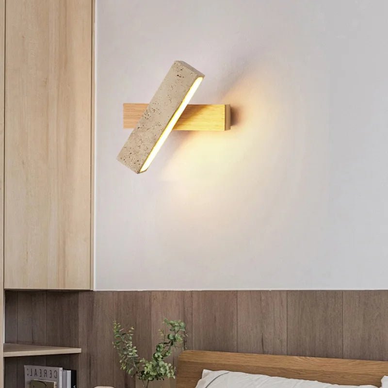 Wabi-Sabi Cave Stone Wall Sconce with Solid Wood Base - Hans Lumiere