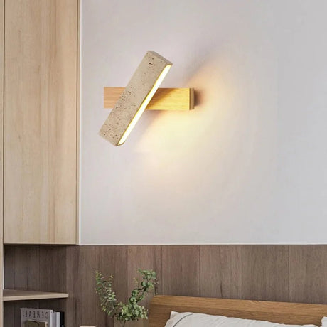 Wabi-Sabi Cave Stone Wall Sconce with Solid Wood Base - Hans Lumiere