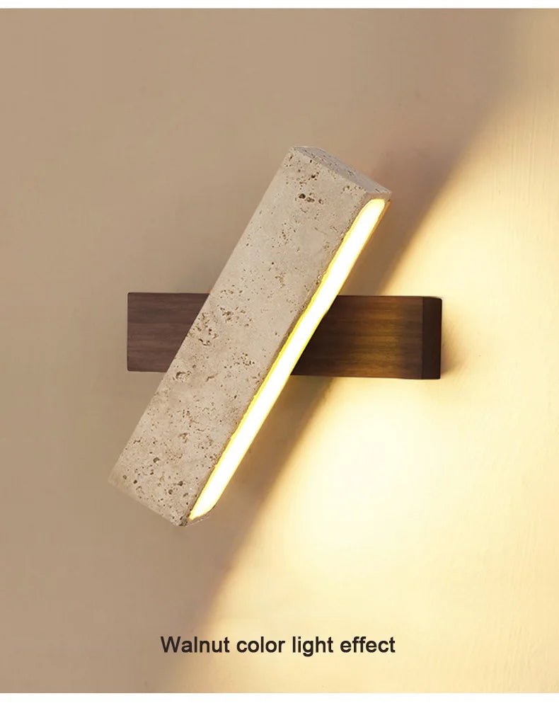 Wabi-Sabi Cave Stone Wall Sconce with Solid Wood Base - Hans Lumiere