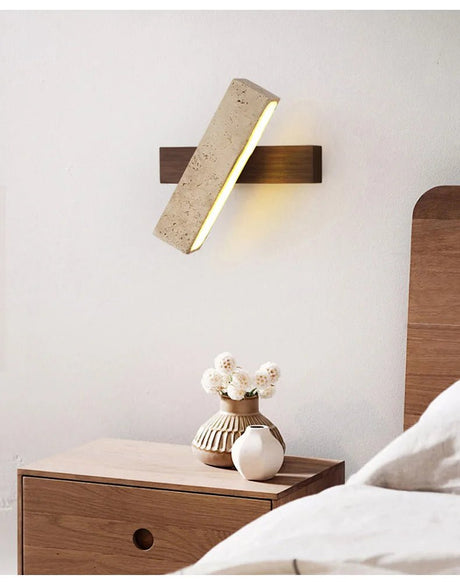 Wabi-Sabi Cave Stone Wall Sconce with Solid Wood Base - Hans Lumiere