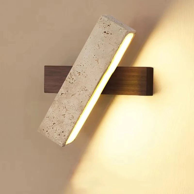 Wabi-Sabi Cave Stone Wall Sconce with Solid Wood Base - Hans Lumiere