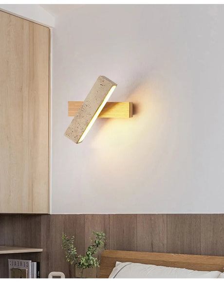 Wabi-Sabi Cave Stone Wall Sconce with Solid Wood Base - Hans Lumiere