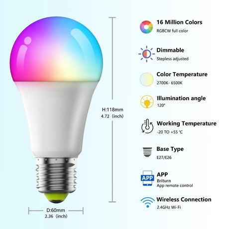 WiFi Bluetooth Smart LED Bulb E27 RGB + Tunable White, Alexa & Google, 1-12 Pack - Hans Lumiere